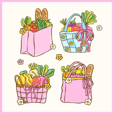 Şirin Coquette Çiftçileri Market Alışveriş Torbası, yaylı Clipart Set, Pastel Doodle Kız Taze Market Çantası El Çantası 