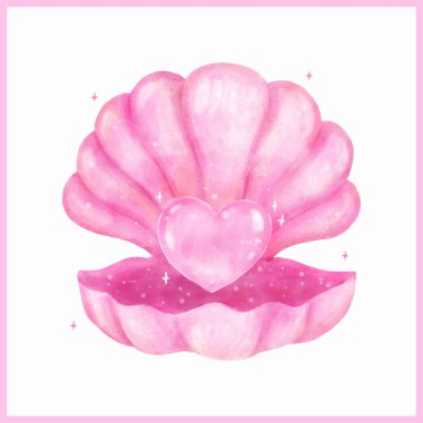 Canlı Pembe Açık Deniz Kabuğu İnci Kalpli Deniz kabuğu Suluboya