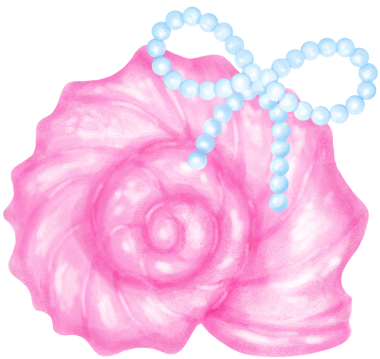 Pembe Coquette Curl Deniz Kabuğu Mavi İnci Fiyonklu suluboya