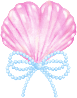 Pembe Coquette Deniz Kabuğu Kalbi Mavi İnci Yayı suluboya