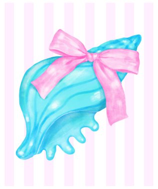 Coquette Summer Blue Conch Deniz Kabuğu Pembe Fiyonklu Watercolor
