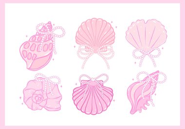 Coquette pembe deniz kabuğu inci yay pastel el el karalama yaz estetik koleksiyonu