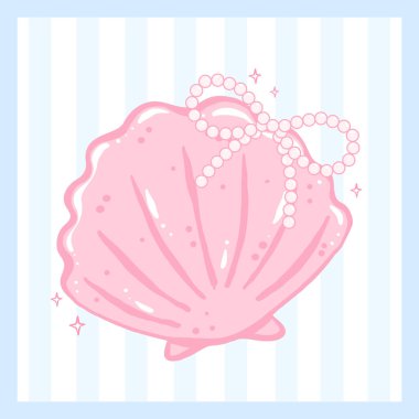 Coquette Deniz kabuğu pembe pastel el el ile inci yay çizilmiş karalama yaz estetiği şirin, basılabilir duvar sanatı ve yaz kartı tasarımı için