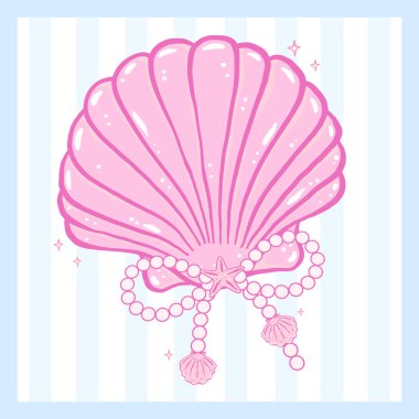Coquette pembe deniz kabuğu inci yay pastel el el karalama yaz estetiği şirin kız baskısı duvar sanatı ve yaz kartı tasarımı için.
