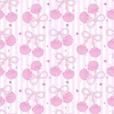 Tatlı retro coquette Yaz pürüzsüz desen İnci yay Kız deniz kabukları Pembe sahil titreşimli kumaş ve duvar kağıdı tasarımı