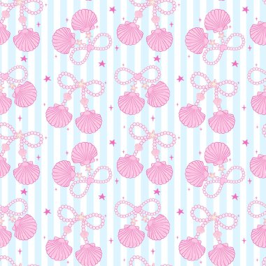 Tatlı retro coquette Yaz kusursuz desen İnci yay Kız deniz kabukları Pembe sahil havası mavi arka planda