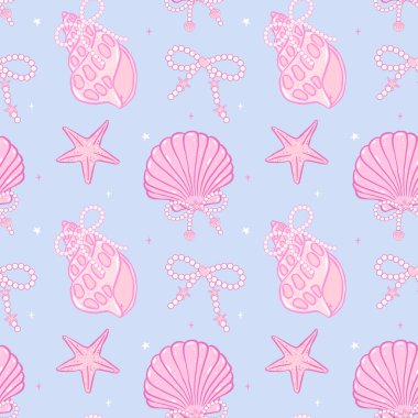 Tatlı kız kumaşı ve duvar kâğıdı tasarımı için Pembe Sahilde İnci yaylı, dikdörtgen deniz kabukları