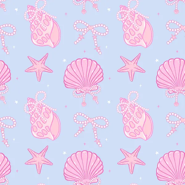 Tatlı kız kumaşı ve duvar kâğıdı tasarımı için Pembe Sahilde İnci yaylı, dikdörtgen deniz kabukları
