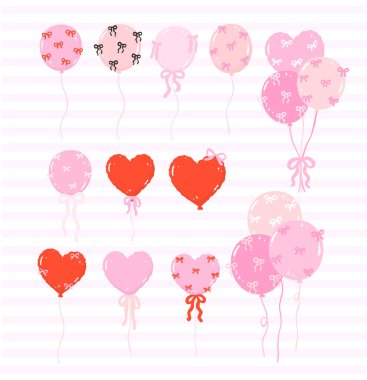 Şirin, pembe pastel balonlar, ellerinde kurdele, ellerinde karalama tarzı doğum günü partisi tarzı karikatür, kız doğum günü partileri, Clipart seti.