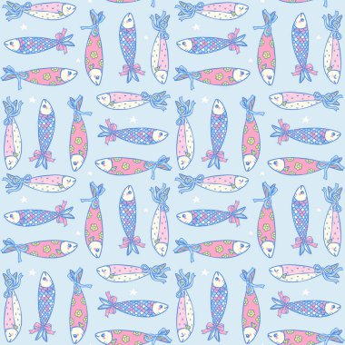 Mavi arka planda pürüzsüz yay desenli şirin kız sardalyası kumaş, dijital kağıt ve mutfak dekoru için çizilmiş koka balıkçısı estetiği.