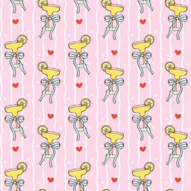 Coquette kız limonlu kokteyller, kumaş, dijital kağıt ve yaz dekorasyonu için çizgili arka planda mavi kurdele yayı ile kusursuz desenli.