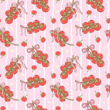 Yazlık mutfak kumaşı, dijital kağıt ve gurme estetik dekoru için hazırlanmış kurdeleli, kusursuz domates deseni.