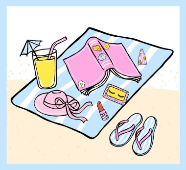 Pastel Coquette Kız Yaz Sahil Kitapçığı, Sahilde Kitap Okuma Aşığı Vibrant Pastel Balıkçılığı Estetik Çizgileriyle El Çizimi