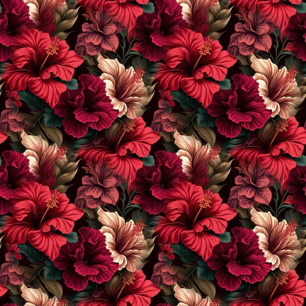Безшовний Візерунок Різнокольоровими Тропічними Квітами Листям Долоні Темному Тлі Гібіскус — стокове фото