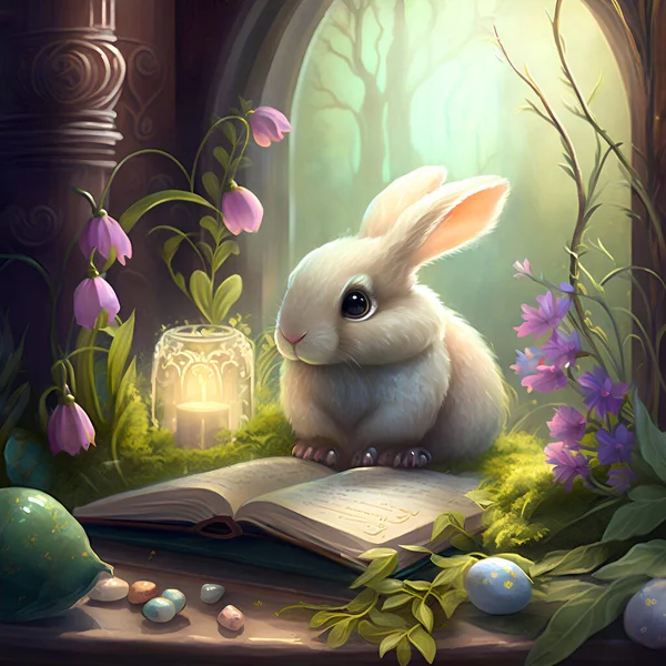Conejo Con Una Flor Libro — Foto de Stock