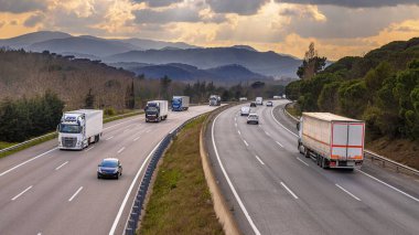 View over AP7 autoroute de Mediterrania freeway traffic with freight trucks and holiday traffic. Catalonia, Spain