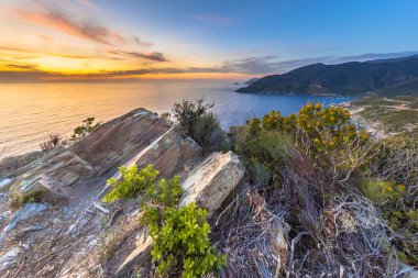 Fransa 'nın Korsika adasındaki Cap Corse yarımadası üzerinde bitki örtüsü ve manzaralı sanatsal tortul kaya yapıları.