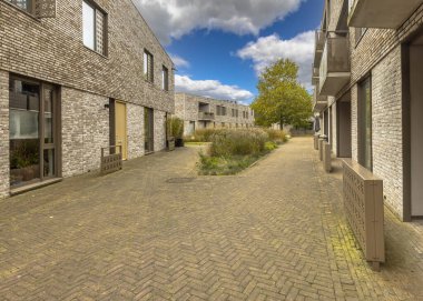 Hollanda 'nın Groningen şehrinde modern yaşam topluluğu. Çağdaş Apartmanlar, alçak binaların dış tarafında. Ortak bahçesi olan bir ev. Avrupa 'daki örnek bir ev. Hollanda 'da..
