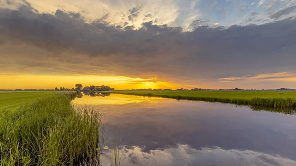 Holenderski Krajobraz Rolniczy Polder Zachodzie Słońca Pobliżu Weerribben Giethoorn Overijssel — Zdjęcie stockowe