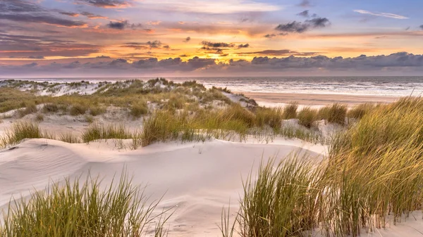 Sunset View from dune top over North Sea from the island of Ameland, Friesland, Netherlands