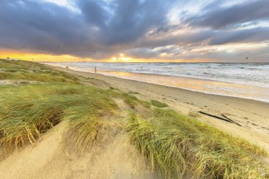 Kum manzarası bulutlu sonbahar gökyüzünün altında. Batan güneşin üzerinde kara bulutlar esiyor. Wijk aan Zee, Kuzey Hollanda. Hollanda 'da. Avrupa 'nın deniz manzarası.