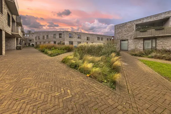Hollanda 'nın Groningen şehrinde modern yaşam topluluğu. Çağdaş Apartmanlar, alçak binaların dış tarafında. Ortak bahçesi olan bir ev. Avrupa 'daki örnek bir ev. Hollanda 'da..