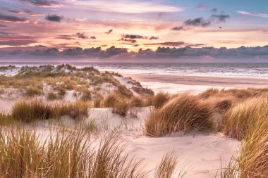 Hollanda, Ameland adasından, Kuzey Denizi 'nde gün batımının üzerindeki kum tepesinden manzara
