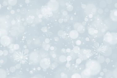 Illustrated snowflakes on silver snowy winter circle bokeh copy space background.