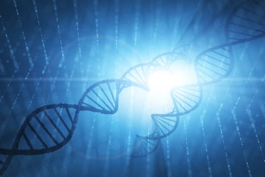 Parlak mavi siber uzay bilim arka planında DNA zinciri çizimi.