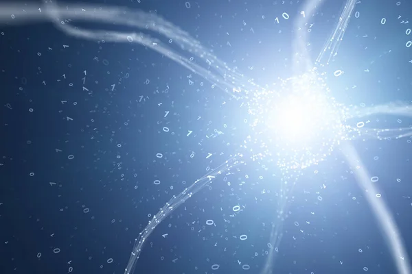 脳内の青いニューロン細胞をバイナリデータのイラストで輝かせる背景 — ストック写真