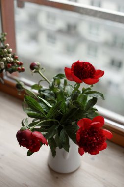 Beyaz vazodaki parlak pembe şakayıklar pencerenin karşısındaki tahta pencere pervazında dururlar. Pencerenin yanında bir buket çiçek..