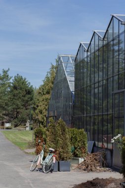Polonya 'nın Varşova kentindeki botanik bahçesinin yanında bir bisiklet park halindedir.