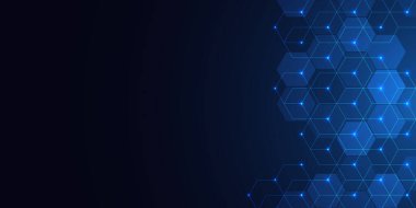 Geometrik şekilli ve altıgen desenli soyut bir arkaplan. Tıp, teknoloji veya bilim tasarımı için illüstrasyon.