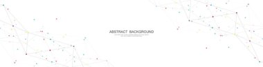 Soyut çokgen arkaplan ve noktaları ve satırları birleştiren web sitesi başlığı veya afiş tasarımı. Genel ağ bağlantısı. Metnin için pleksus arkaplanı ve alanı olan dijital teknoloji.
