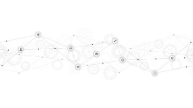 Bilgi teknolojisi arka planı, bilgi elemanları ve düz simgeler. Dijital teknoloji, ağ bağlantısı ve iletişim konsepti. Vektör illüstrasyonu.