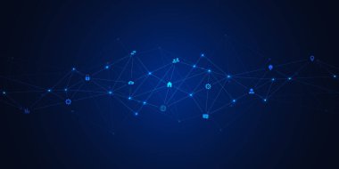 Bilgi teknolojisi arka planı, bilgi elemanları ve düz simgeler. Dijital teknoloji, ağ bağlantısı ve iletişim konsepti. Vektör illüstrasyonu.