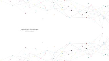 Noktaları ve çizgileri birleştirerek soyut geometrik arkaplan. Ağ konsepti, internet bağlantısı ve küresel iletişim. Vektör illüstrasyonu