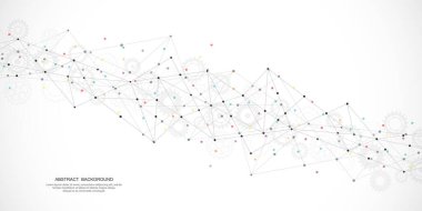 Noktaları ve çizgileri birleştirerek soyut arkaplan ve geometrik desen. Ağ konsepti, internet bağlantısı ve küresel iletişim. Vektör illüstrasyonu