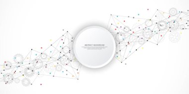 Noktaları ve çizgileri birleştirerek soyut arkaplan ve geometrik desen. Ağ konsepti, internet bağlantısı ve küresel iletişim. Vektör illüstrasyonu