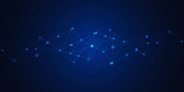 Bilgi teknolojisi arka planı, bilgi elemanları ve düz simgeler. Dijital teknoloji, ağ bağlantısı ve iletişim konsepti.