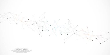 Noktaları ve çizgileri birleştirerek soyut arkaplan ve geometrik desen. Ağ konsepti, internet bağlantısı ve küresel iletişim. Vektör illüstrasyonu