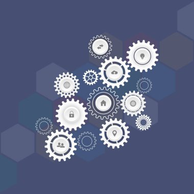 Bilgi teknolojisi konsepti, bilgi elemanları ve düz simgeler. Çarklar ve dişli tekerlek mekanizmaları. Yüksek teknoloji dijital teknoloji ve mühendislik. Soyut teknik geçmiş. Vektör illüstrasyonu