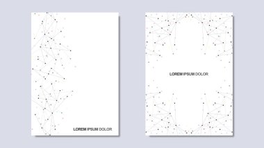 Noktaları ve çizgileri birleştirerek minimalist tasarımın vektör çizimi. Bilim ve teknoloji kavramının soyut geometrik arka planı. Kapak broşürü, tasarımı, broşürü, kitabı, afişi için şablon.