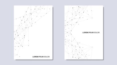 Noktaları ve çizgileri birleştirerek minimalist tasarımın vektör çizimi. Bilim ve teknoloji kavramının soyut geometrik arka planı. Kapak broşürü, tasarımı, broşürü, kitabı, afişi için şablon.