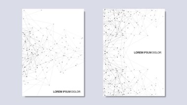 Noktaları ve çizgileri birleştirerek minimalist tasarımın vektör çizimi. Bilim ve teknoloji kavramının soyut geometrik arka planı. Kapak broşürü, tasarımı, broşürü, kitabı, afişi için şablon.