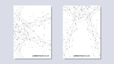 Noktaları ve çizgileri birleştirerek minimalist tasarımın vektör çizimi. Bilim ve teknoloji kavramının soyut geometrik arka planı. Kapak broşürü, tasarımı, broşürü, kitabı, afişi için şablon.