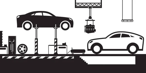 Autoservice Mit Ständer Und Kanal Vektorillustration — Stockvektor