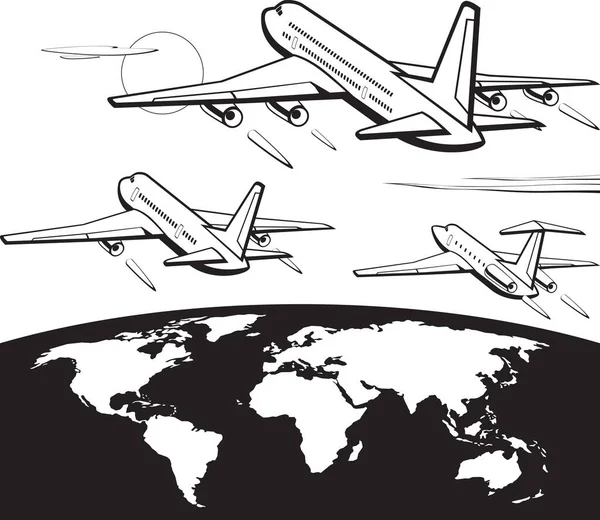 Dünyanın Dört Bir Yanında Uçan Yolcu Uçakları Vektör Çizimi — Stok Vektör