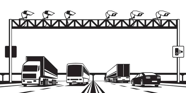 Trafikövervakning Kameror Över Motorväg Vektor Illustration — Stock vektor
