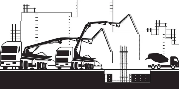 Betongpump Lastbilar Byggarbetsplats Vektorillustration — Stock vektor